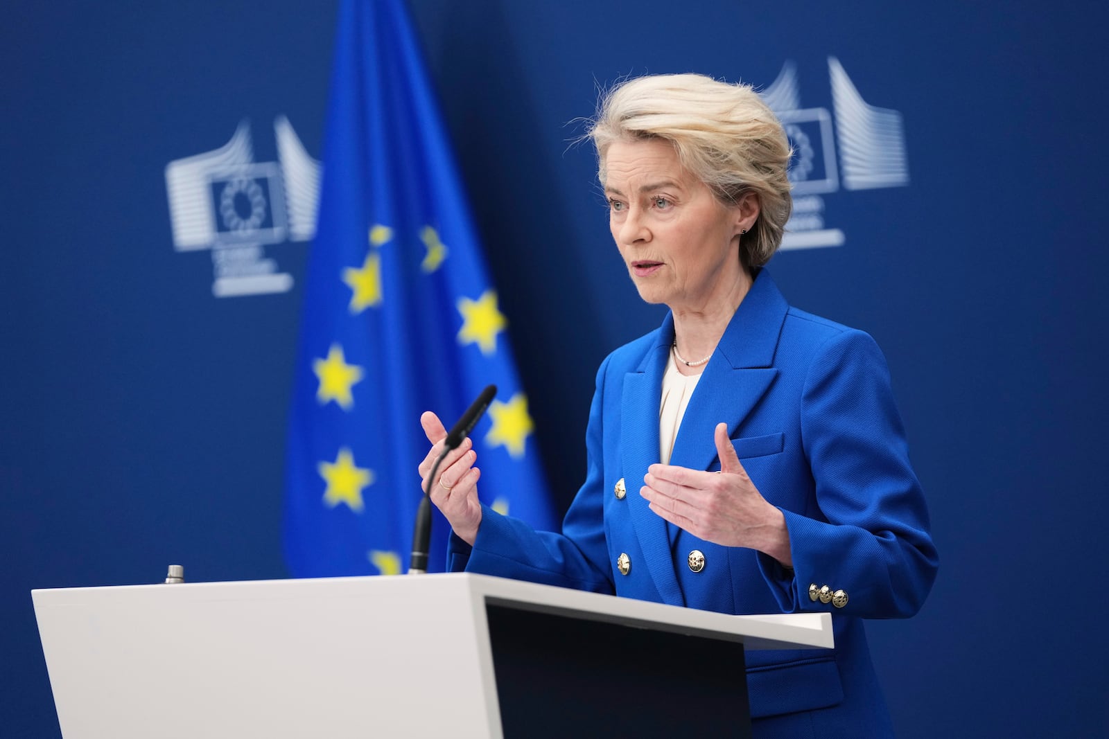 European Commission President Ursula von der Leyen speaks during a media conference on the defense package at EU headquarters in Brussels, Tuesday, March 4, 2025. (AP Photo/Virginia Mayo)