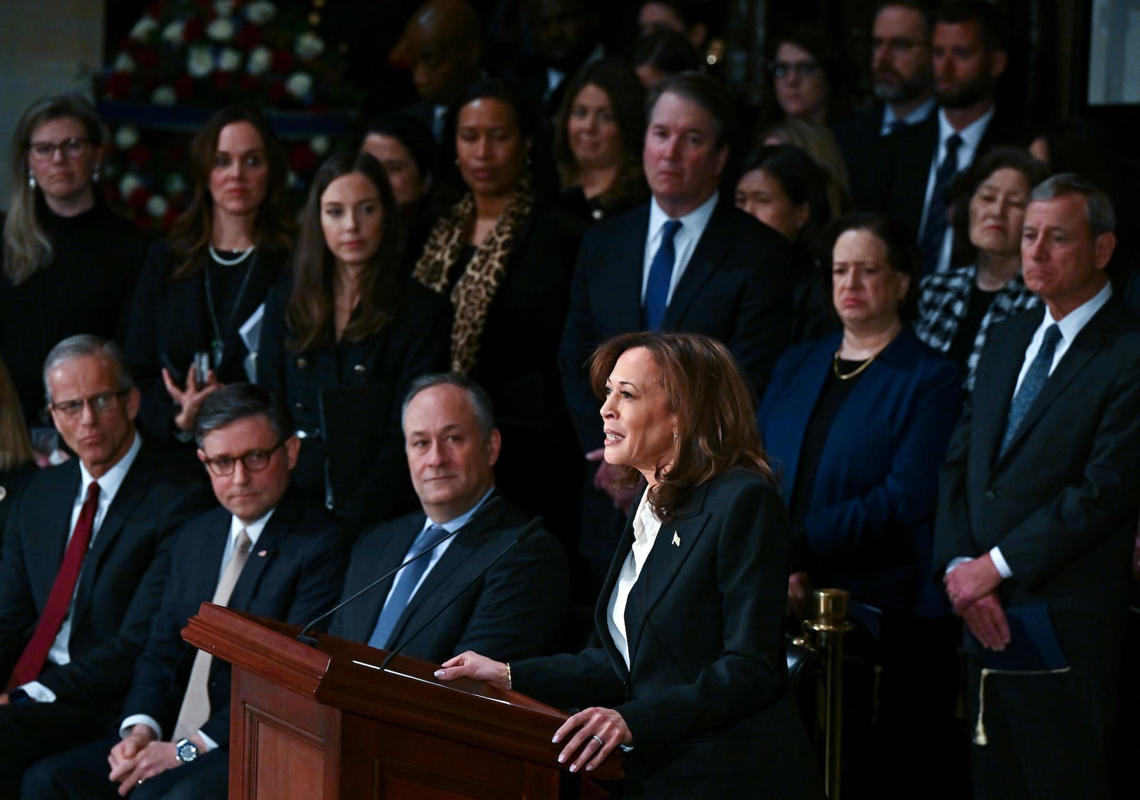 FILE - Vice President Kamala Harris delivers a eulogy for former President Jimmy Carter as he lies in state during a ceremony in the Capitol on Jan. 7, 2025, in Washington. (Ricky Carioti/The Washington Post via AP, Pool, File)