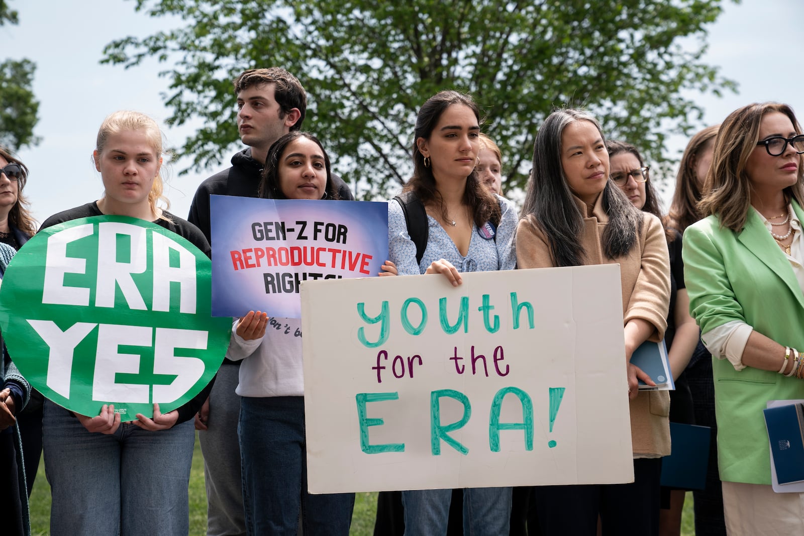 FILE - Young supporters of the Equal Rights Amendment join lawmakers and activists to call for the removal of the deadline for ratification of the Equal Rights Amendment, during a news conference at the Capitol in Washington, Thursday, April 27, 2023. (AP Photo/J. Scott Applewhite, File)