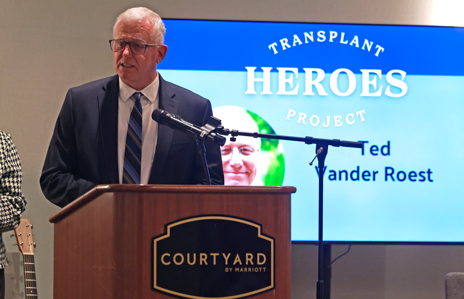 Ted Vander Roest speaks during the Mayor's Breakfast after being honored as a Transplant Hero Thursday, Nov. 21, 2024. BILL LACKEY/STAFF