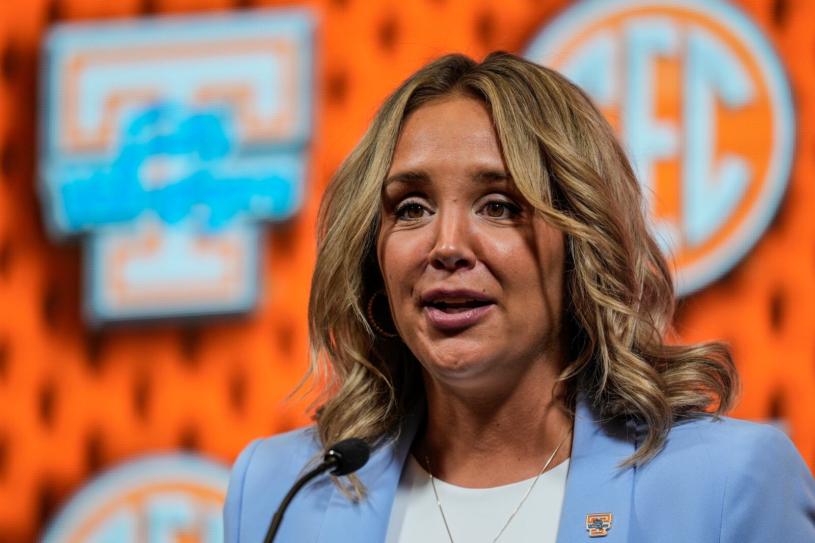 FILE - Tennessee head coach Kim Caldwell speaks during NCAA women's college basketball Southeastern Conference Media Day, Oct. 16, 2024, in Birmingham, Ala. (AP Photo/Mike Stewart, File)