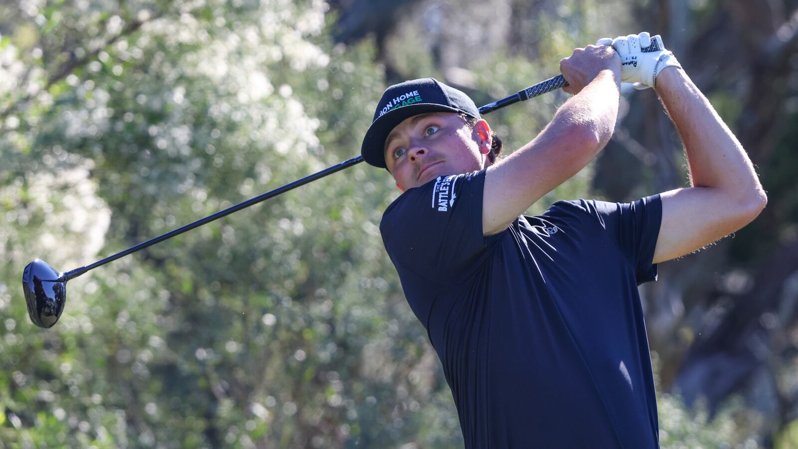 Luke Clanton drives from the second tee during the final round of the RSM Classic golf tournament, Sunday, Nov. 24, 2024, in St. Simons Island, Ga. (AP Photo/Gary McCullough)