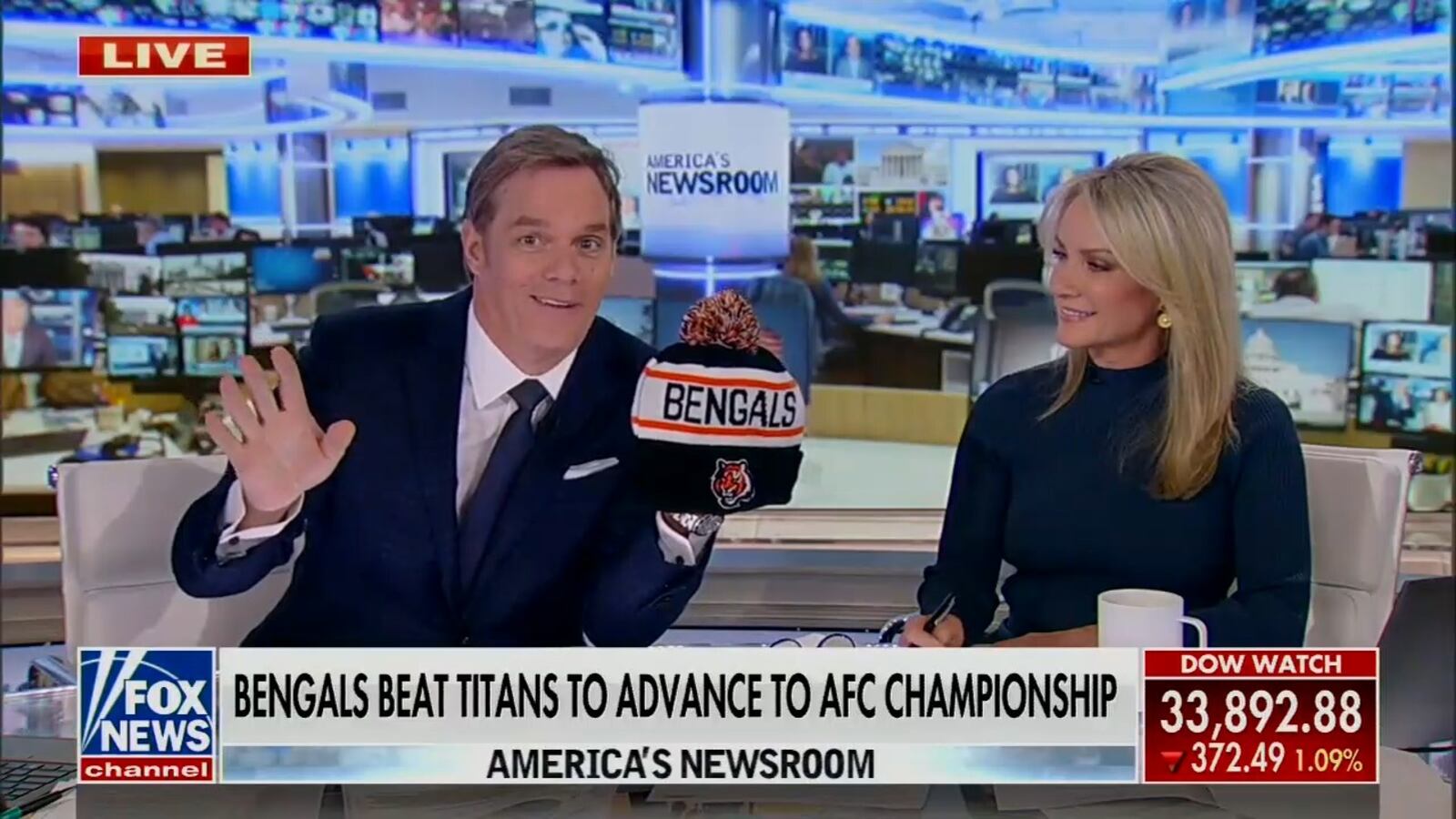 Fox News host and anchor BIll Hemmer shows off a Cincinnati Bengals hat he's worn at every playoff game this NFL post season as he's traveled to cheer on his hometown team. PROVIDED/FOX NEWS