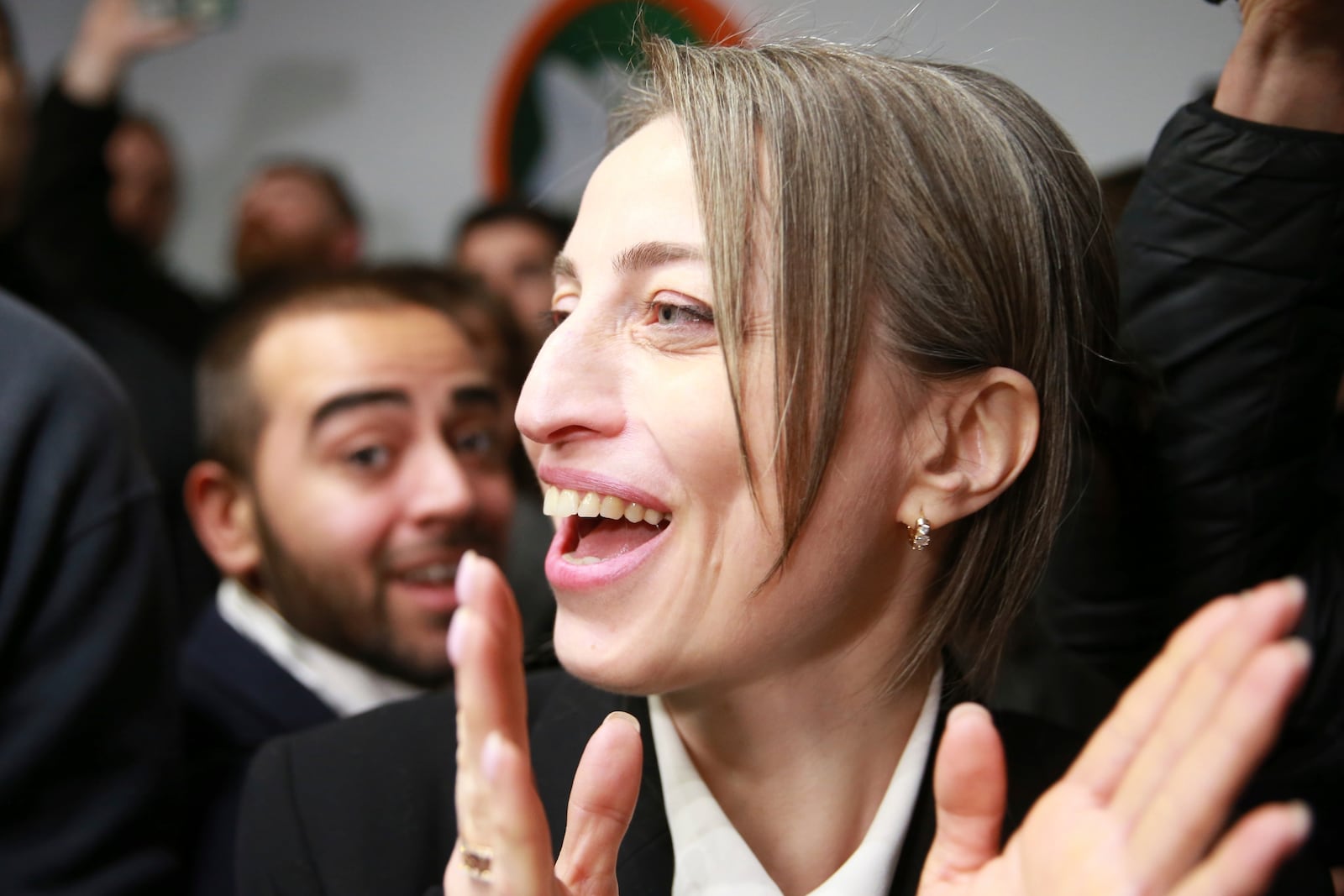 Nana Malashkhia, who leads the Coalition for Change parliament list, reacts at coalition's headquarters after polls closing at the parliamentary election in Tbilisi, Georgia, Saturday, Oct. 26, 2024. (AP Photo/Zurab Tsertsvadze)