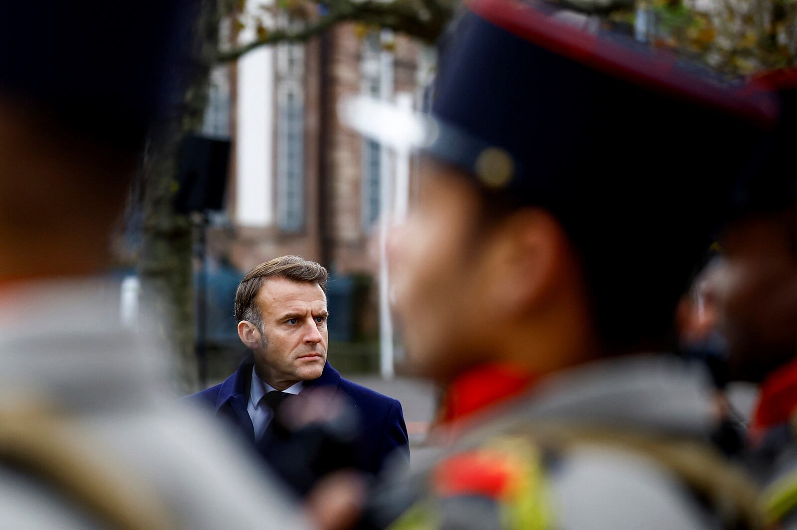 French President Emmanuel Macron attends a ceremony to mark the 80th anniversary of the Liberation of Strasbourg, at the Place Broglie in Strasbourg, eastern France, Saturday, Nov. 23, 2024. (Sarah Meyssonnier/Pool Photo via AP)