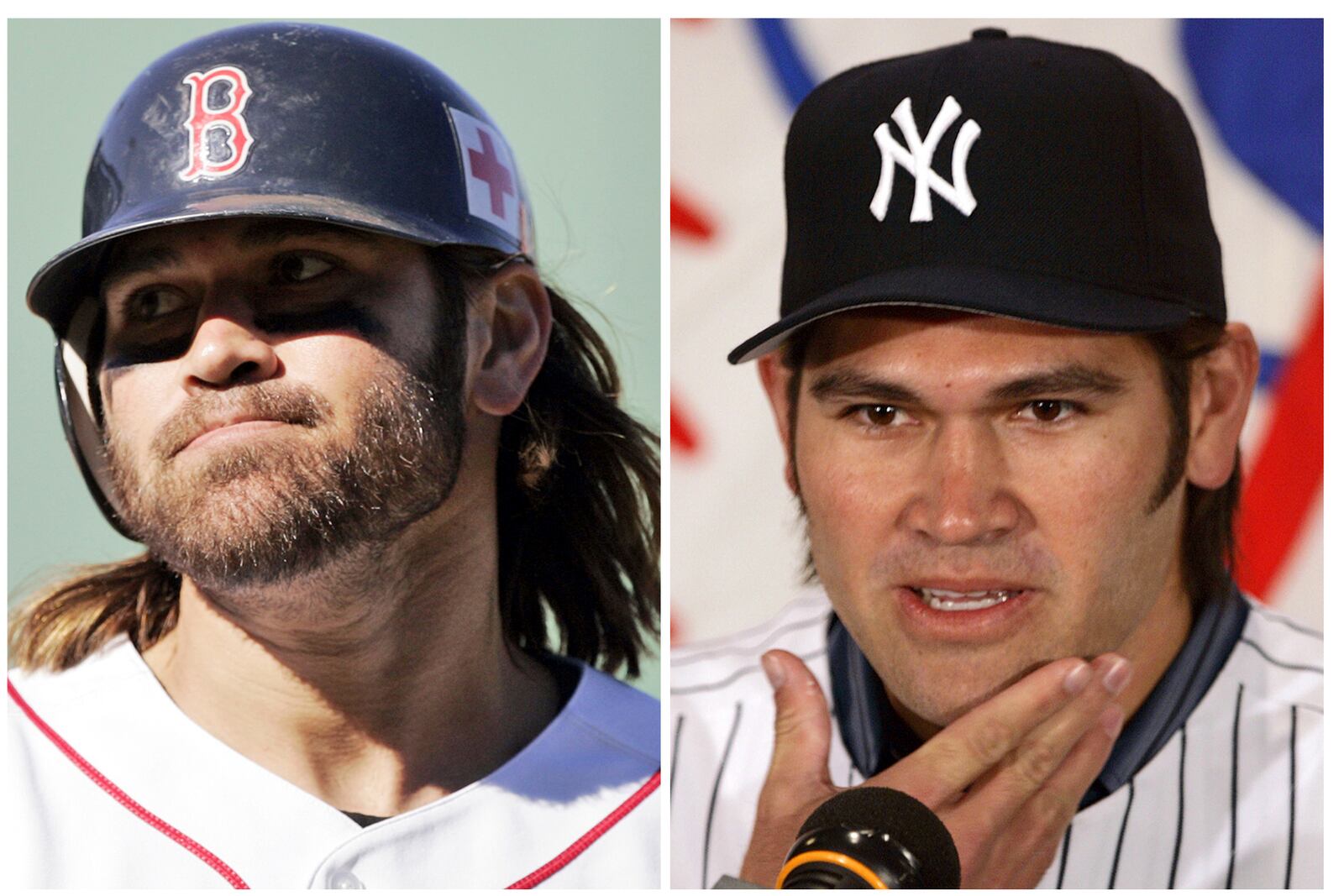 FILE - This combo of file photos shows Boston Red Sox's Johnny Damon, left, on Oct. 1, 2005, and being introduced as a New York Yankees player on Dec. 23, 2005. (AP Photo/File)