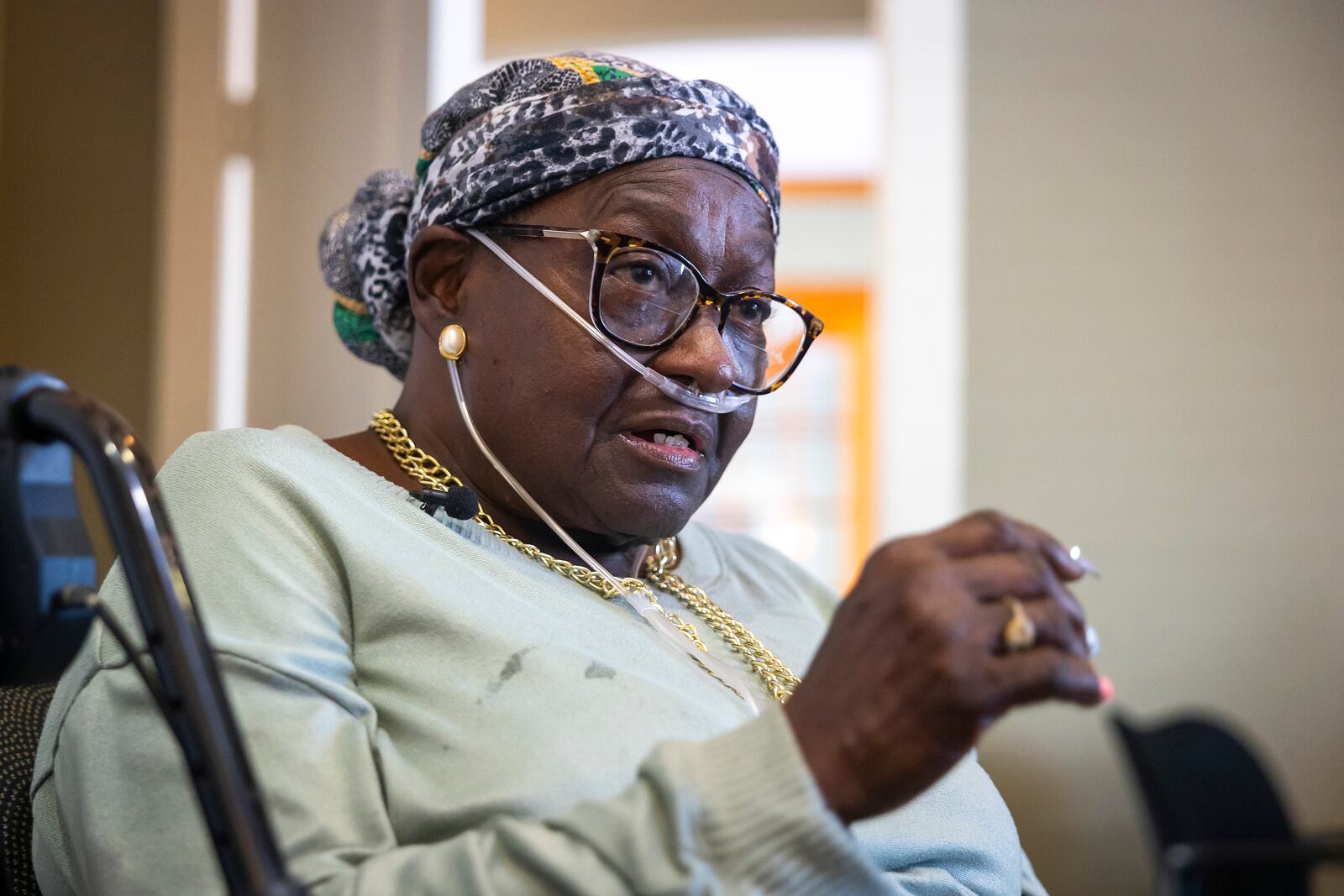 Patricia Johnican remembers surviving without power after Hurricane Beryl during an interview at Commons of Grace Senior living facility on Wednesday, Sept. 25, 2024, in Houston. (AP Photo / Annie Mulligan)