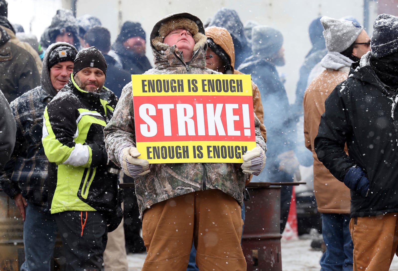 Officers at the Auburn Correctional Facility continue to hold the line on the third day of their strike to protest unsafe working conditions in Auburn, N.Y., on Thursday, Feb. 20, 2025. (Kevin Rivoli/The Citizen via AP)