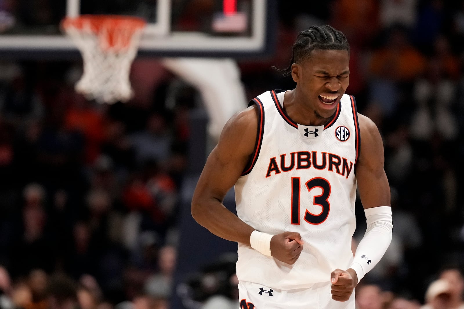 Auburn guard Miles Kelly (13) reacts to play against Tennessee during the second half of an NCAA college basketball game in the semifinal round of the Southeastern Conference tournament, Saturday, March 15, 2025, in Nashville, Tenn. (AP Photo/George Walker IV)