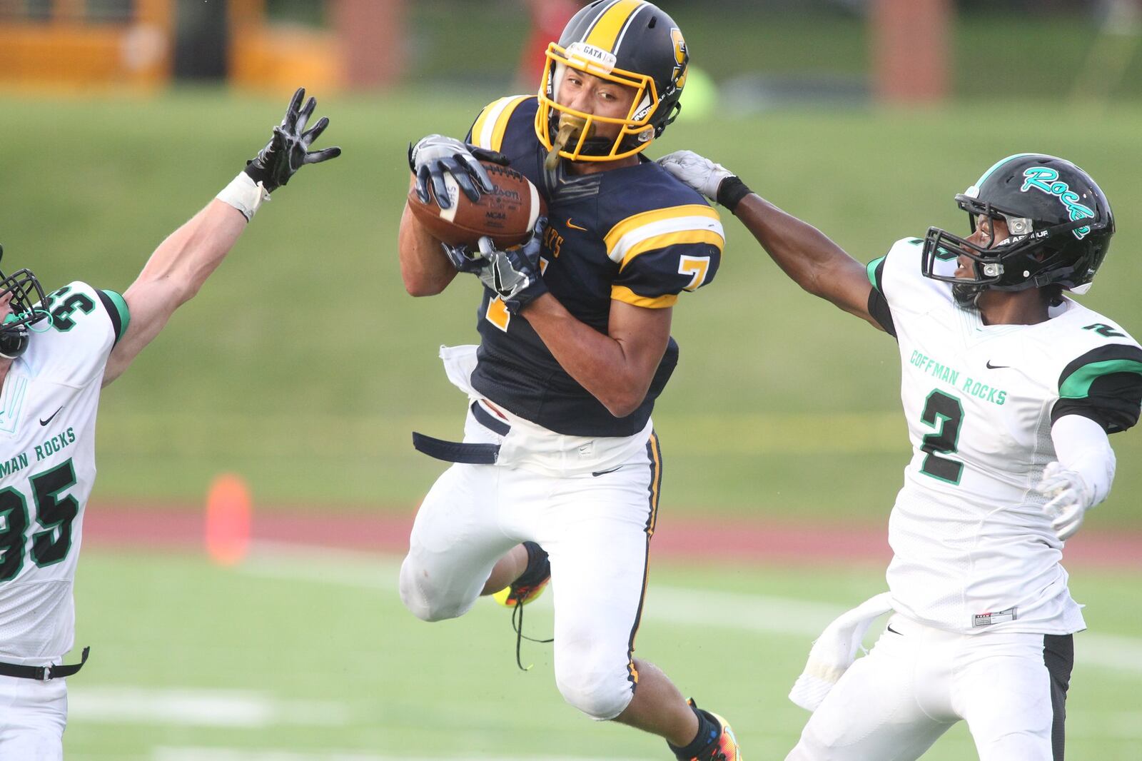 Springfield’s Danny Davis makes a 39-yard catch against Dublin Coffman on Saturday, Aug. 27, 2016, at Edwards-Maurer Field in Springfield. David Jablonski/Staff