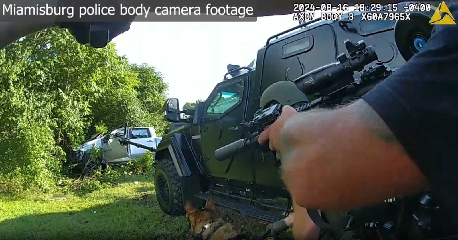 A still photo from a Miamisburg Police Department officer's body worn camera shows a SWAT response involving Johnathon Brown of Trenton after police say he crashed a stolen pickup into a CSX train following a multi-county pursuit. CONTRIBUTED