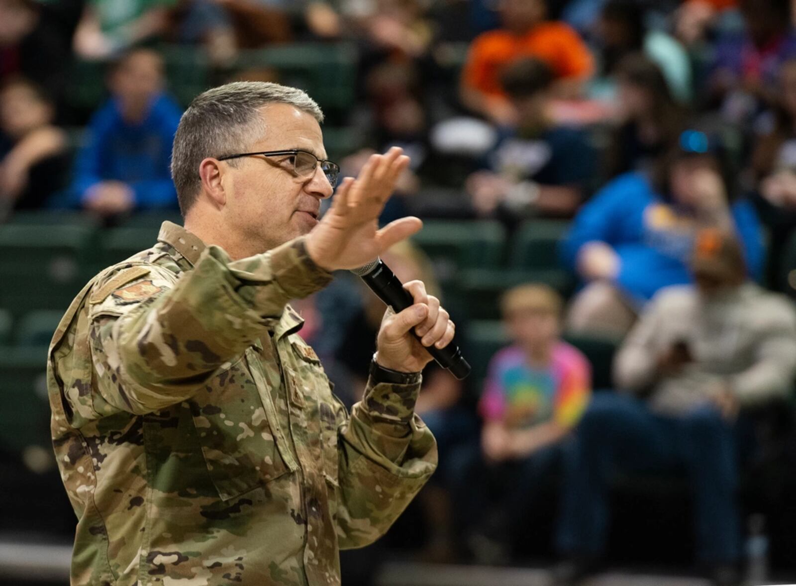 Maj. Gen. William T. Cooley, former Air Force Research Laboratory commander, speaks during the FIRST LEGO League Tournament closing ceremony in the Wright State University Nutter Center, Dayton, Ohio, Feb. 3, 2019.  (U.S. Air Force photo by R.J. Oriez)