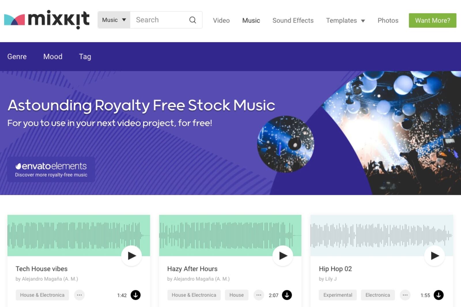 Mixkit royalty-free music website screenshot