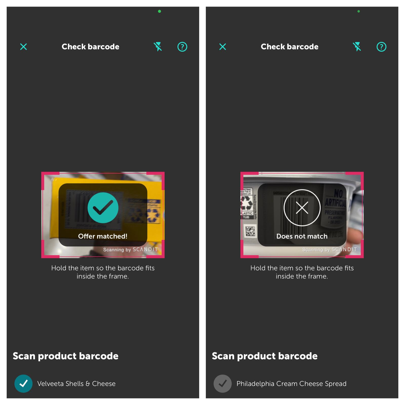 Ibotta's in-app barcode scanner verifying which items are eligible and which aren't