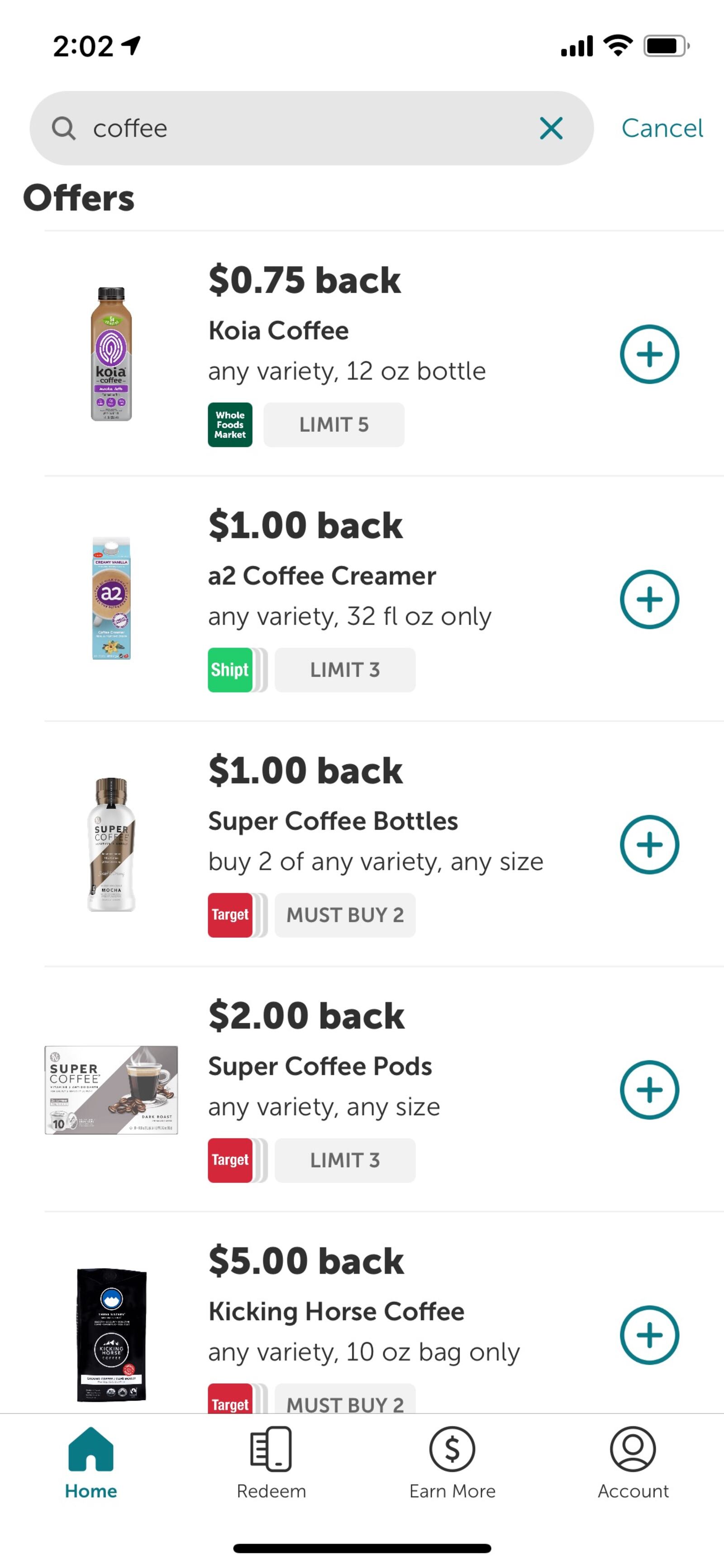 Cash back offers on coffee on the Ibotta app