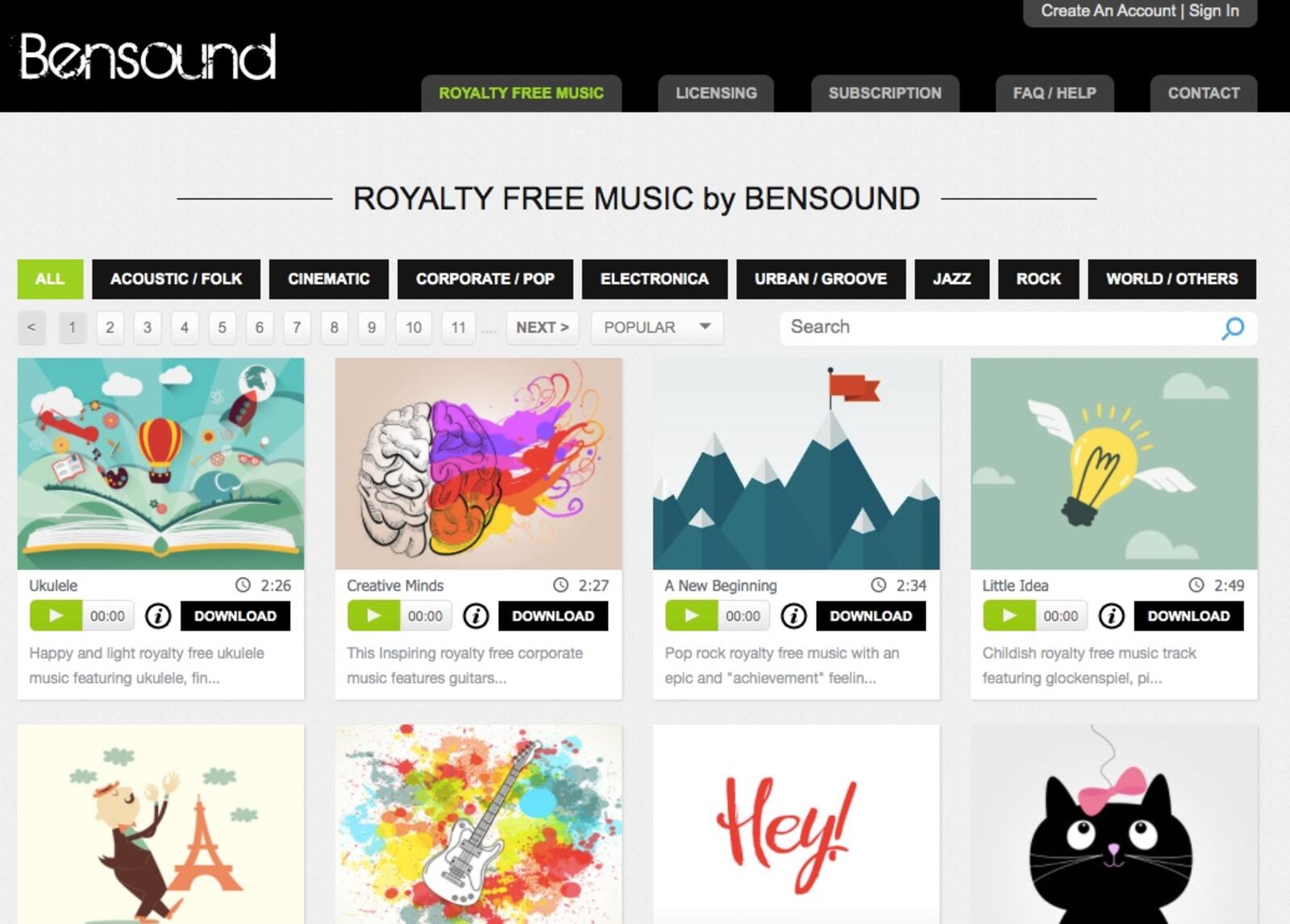 Bensound royalty-free music website screenshot