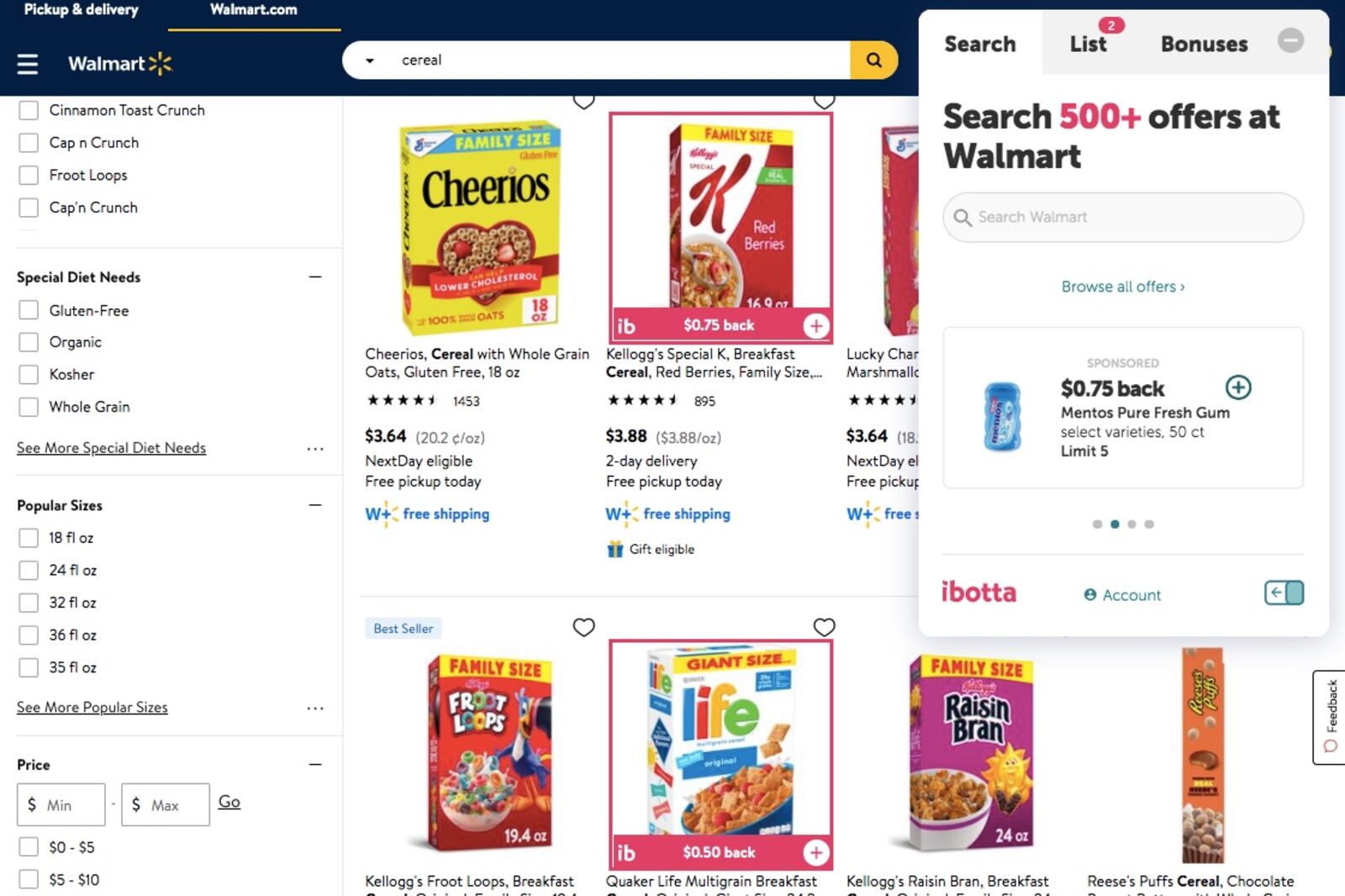 Ibotta's browser extension shown on Walmart.com with qualifying offers