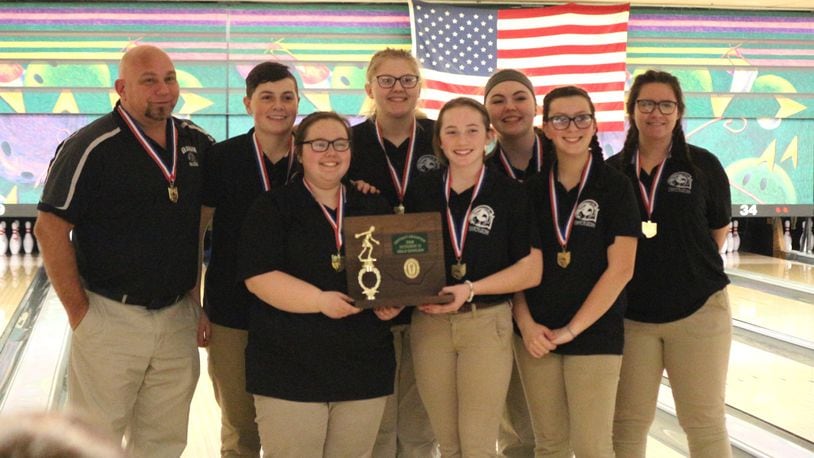 The Division II district champion Graham Falcons make their second straight appearance at the bowling state championships Friday in Columbus. Front row: Emily Evans, Lauren Woodruff, Jade Maloney. Back row: Coach Rich Clark, Libby Hennings, Olivia Van Hoose, Paityn Dowty, Emily Baker. Greg Billing / Contributed