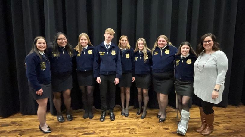Greenon Local School District's FFA chapter officer team of the 2022-23 year (from left to right): Macy Young, Mariah Longshore, Kaylee Smith, Jackson Wilhelm, Sydney Hartley, Allie Hundley, Sara Jewell, Tru Buddenberg, and Advisor Sara Casto. Contributed
