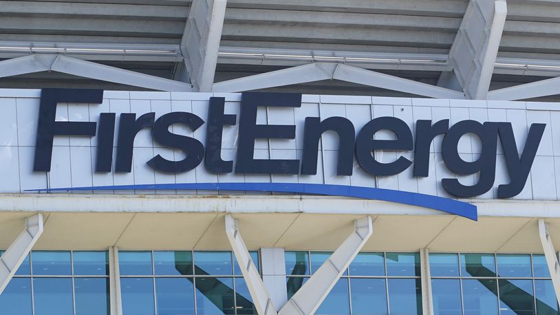 FILE - The signage for FirstEnergy Stadium is visible on the facade before an NFL preseason football game, Aug. 27, 2022, in Cleveland. The Ohio-based utility company says it's being investigated by a state office focused on organized crime in connection with payments the company made to the state's former House speaker and a top utility regulator, a news outlet reported Wednesday, Aug. 2, 2023. (AP Photo/Keith Srakocic, File)