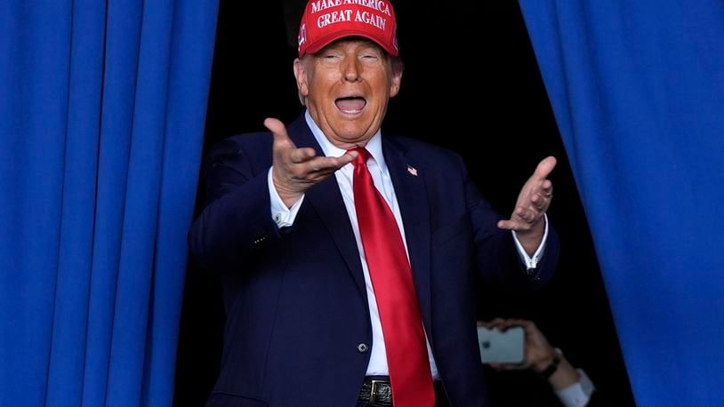 FILE - Republican presidential nominee former President Donald Trump arrives to speak during a campaign rally at Dodge County Airport, Sunday, Oct. 6, 2024, in Juneau, Wis. (AP Photo/Julia Demaree Nikhinson, File)