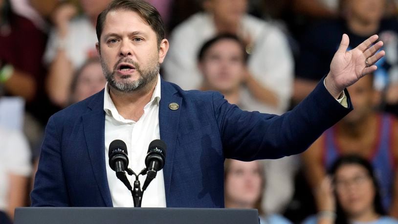 FILE - Rep. Ruben Gallego, D-Ariz., speaks before Democratic presidential nominee Vice President Kamala Harris and Democratic vice presidential nominee Minnesota Gov. Tim Walz at a campaign rally at Desert Diamond Arena, Friday, Aug. 9, 2024, in Glendale, Ariz. (AP Photo/Ross D. Franklin, File)