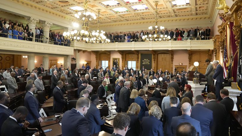 Ohio politicians and lawmakers gather for Governor Mike DeWine's 2024 State of the State address in the Ohio House chambers at the Ohio Statehouse on Wednesday, April 10, 2024 in Columbus. (Barbara J. Perenic /The Columbus Dispatch via AP)